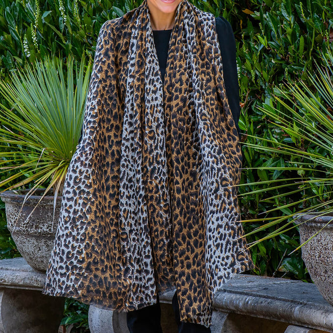 Brown Leopard Print Cashmere and Silk Scarf