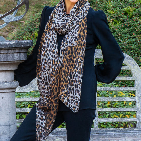 Brown Leopard Print Cashmere and Silk Scarf