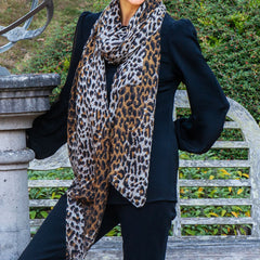 Brown Leopard Print Cashmere and Silk Scarf