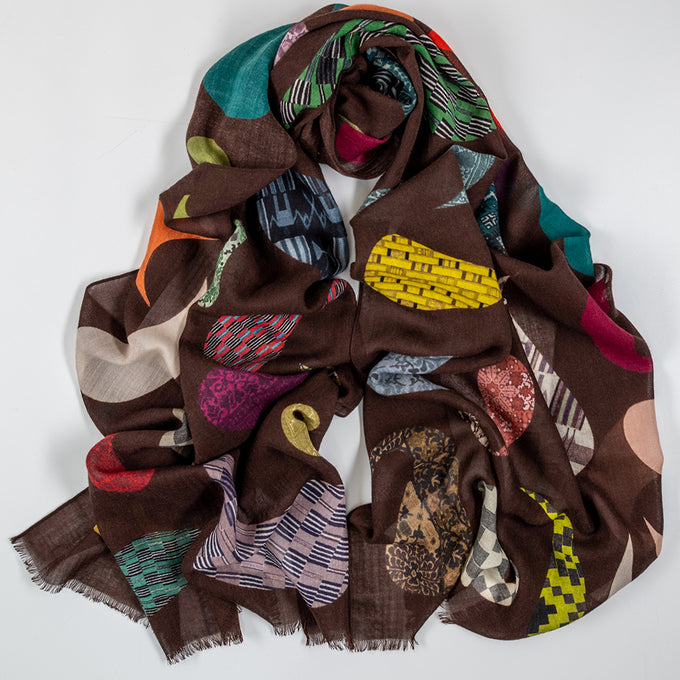 Alba Chocolate Multi-Pattern Wool Scarf