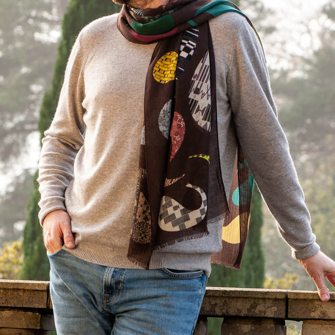 Alba Chocolate Multi-Pattern Wool Scarf