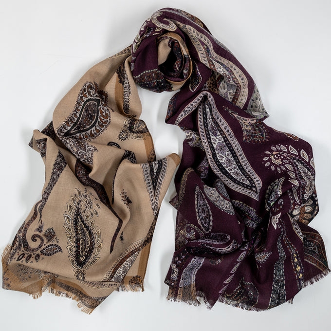 Ravello Taupe and Aubergine Paisley Wool Scarf