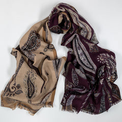 Ravello Taupe and Aubergine Paisley Wool Scarf