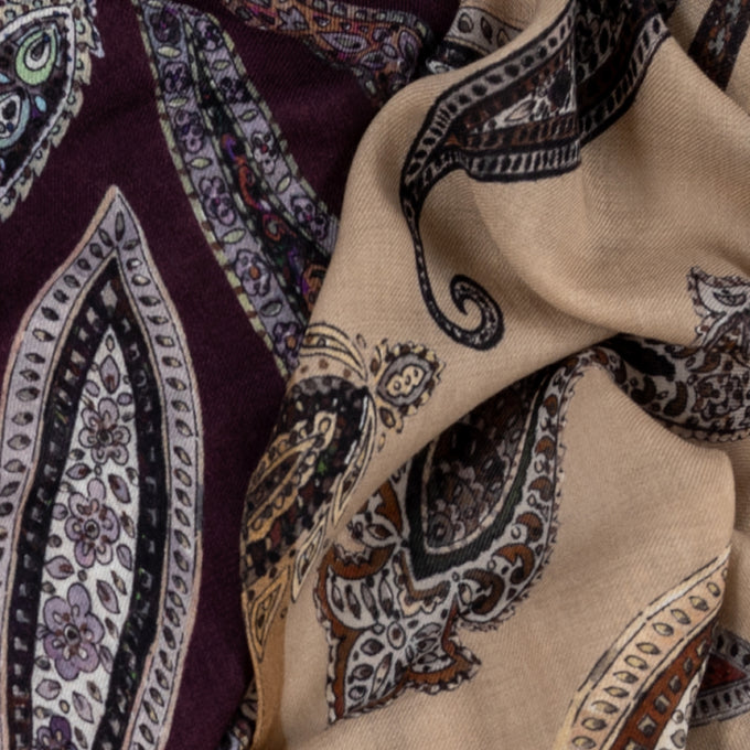 Ravello Taupe and Aubergine Paisley Wool Scarf