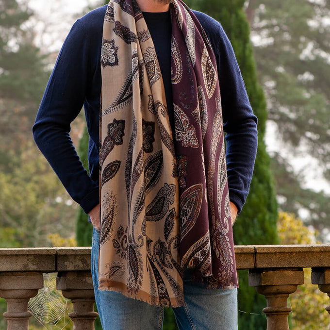 Ravello Taupe and Aubergine Paisley Wool Scarf