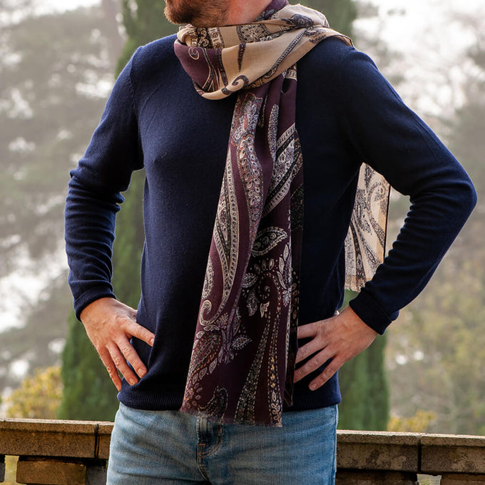 Ravello Taupe and Aubergine Paisley Wool Scarf