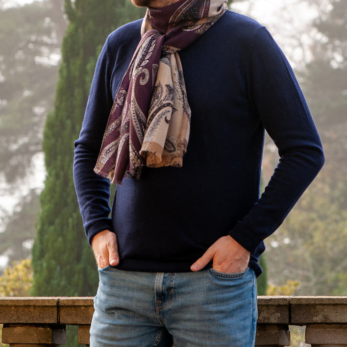 Ravello Taupe and Aubergine Paisley Wool Scarf