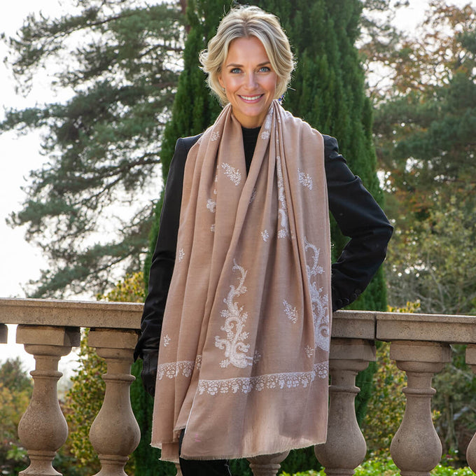Hand Embroidered Pashmina Cashmere Shawl - Natural & White