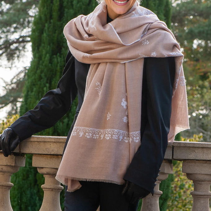 Hand Embroidered Pashmina Cashmere Shawl - Natural & White