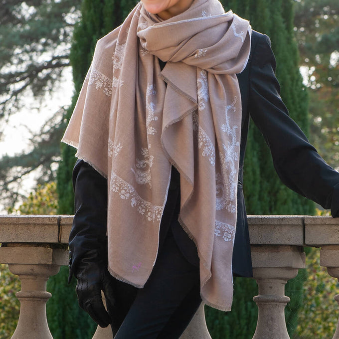 Hand Embroidered Pashmina Cashmere Shawl - Natural & White