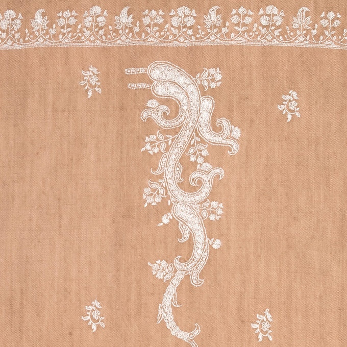 Hand Embroidered Pashmina Cashmere Shawl - Natural & White