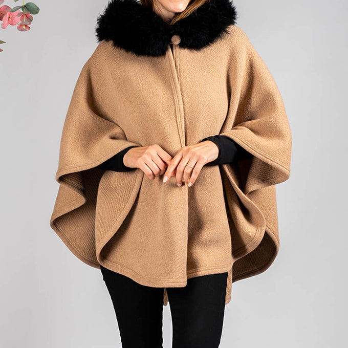 Caramel Hooded Cashmere Cape with Cashmere Fur Trim