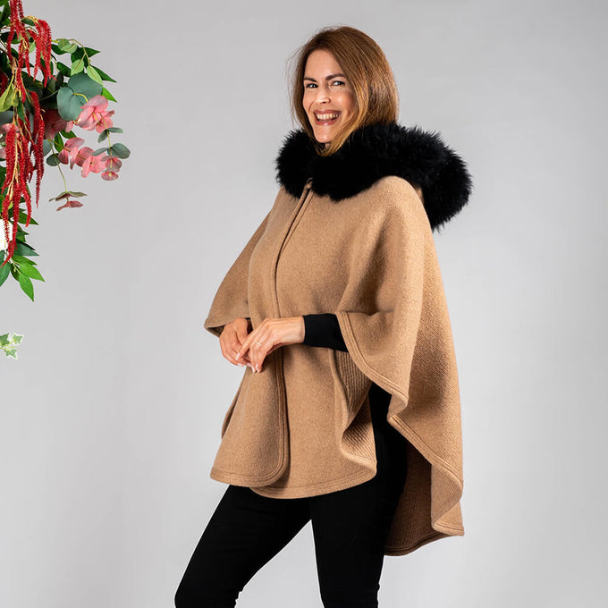 Caramel Hooded Cashmere Cape with Cashmere Fur Trim