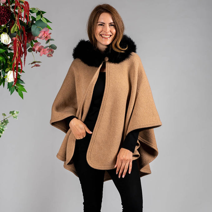 Caramel Hooded Cashmere Cape with Cashmere Fur Trim