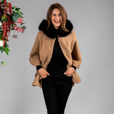 Caramel Hooded Cashmere Cape with Cashmere Fur Trim