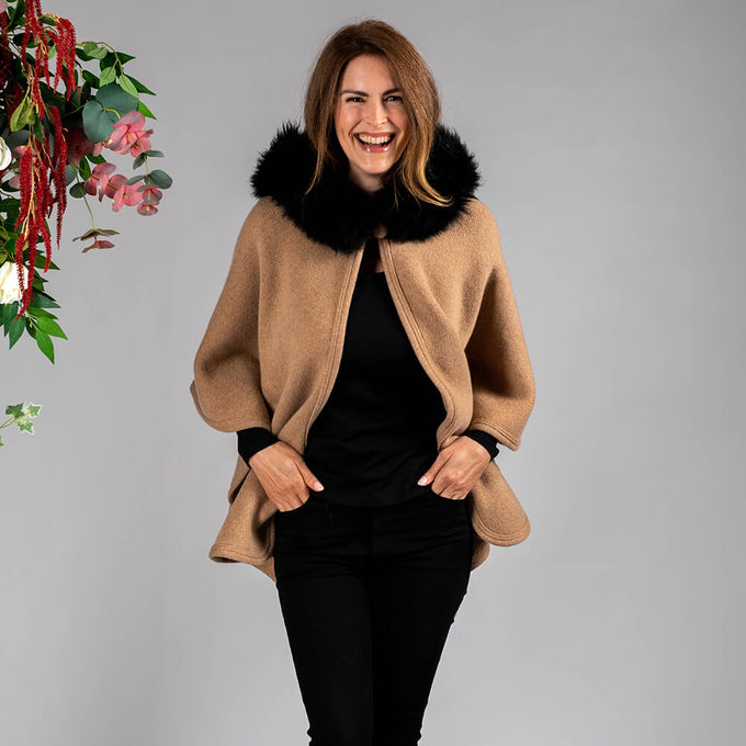 Caramel Hooded Cashmere Cape with Cashmere Fur Trim