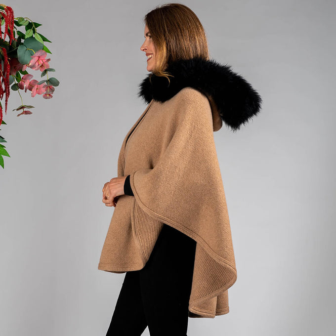 Caramel Hooded Cashmere Cape with Cashmere Fur Trim