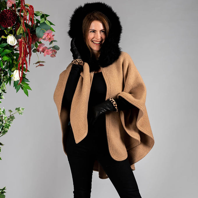 Caramel Hooded Cashmere Cape with Cashmere Fur Trim