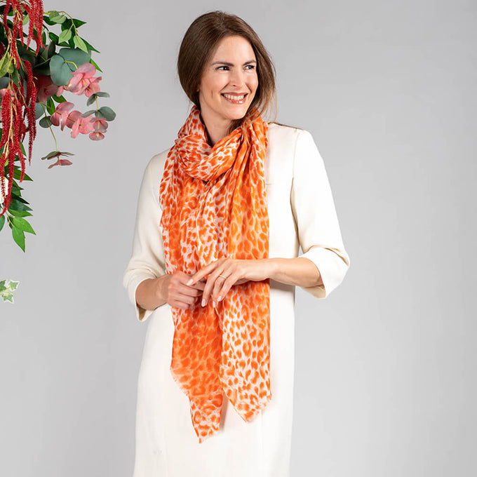 Coral Leopard Print Cashmere and Silk Wrap