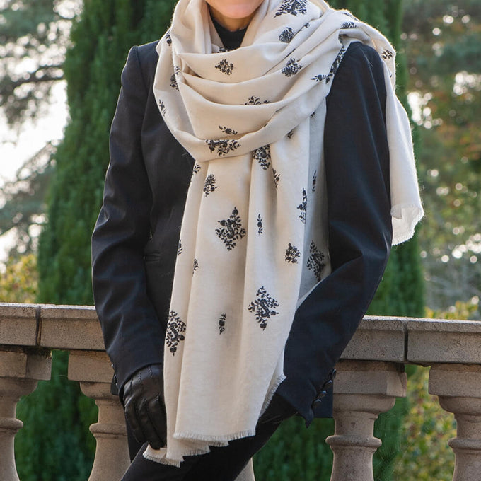 Hand Embroidered Pashmina Cashmere Shawl - Cream & Black