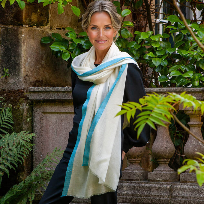 Ivory Cashmere and Silk Wrap with Aqua Blue Silk Border