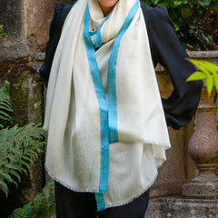 Ivory Cashmere and Silk Wrap with Aqua Blue Silk Border