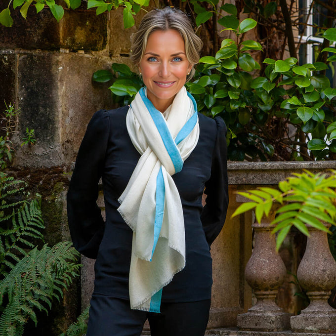 Ivory Cashmere and Silk Wrap with Aqua Blue Silk Border