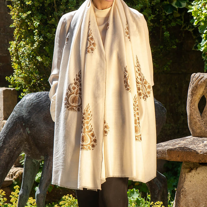 Hand Embroidered Pashmina Cashmere Shawl - Ivory & Brown