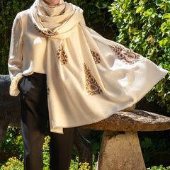 Hand Embroidered Pashmina Cashmere Shawl - Ivory & Brown