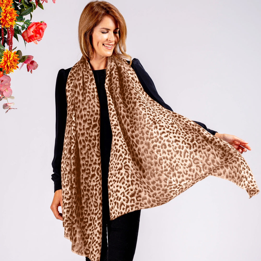 Caramel Leopard Print Cashmere and Silk Scarf