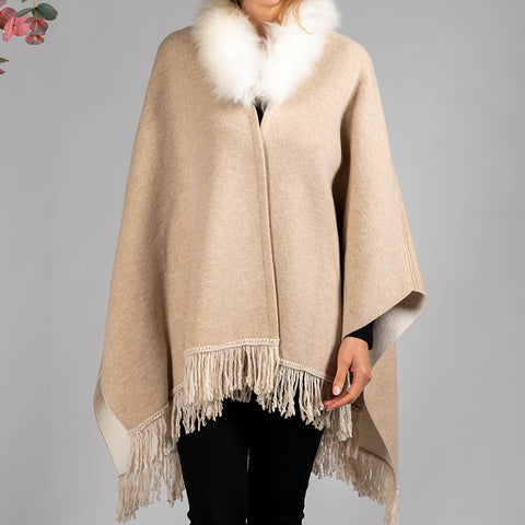 Almond and Ivory Cashmere Cape with Cashmere Fur Trim