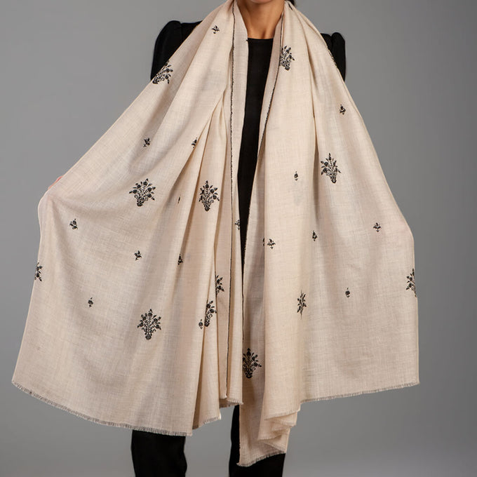 Hand Embroidered Pashmina Shawl - Natural & Black