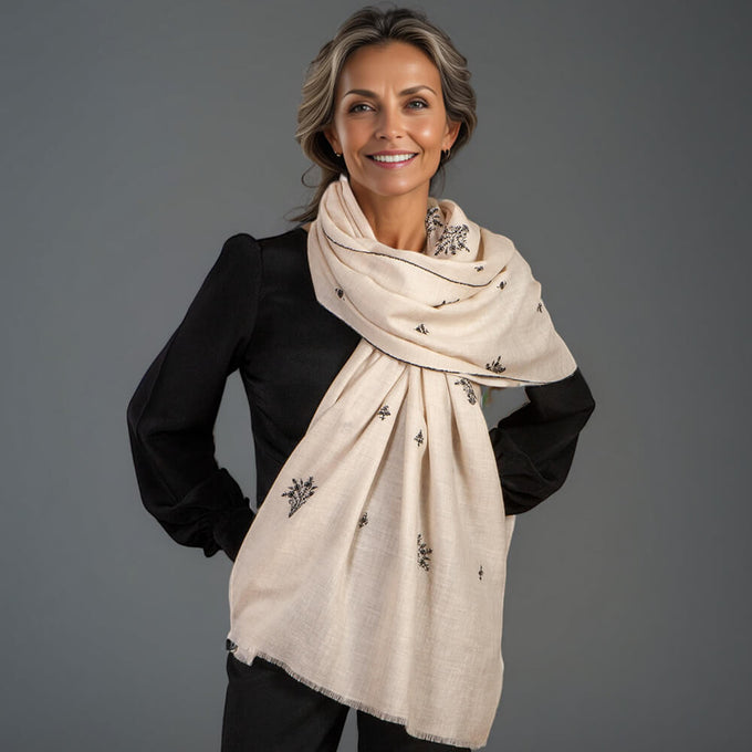 Hand Embroidered Pashmina Shawl - Natural & Black