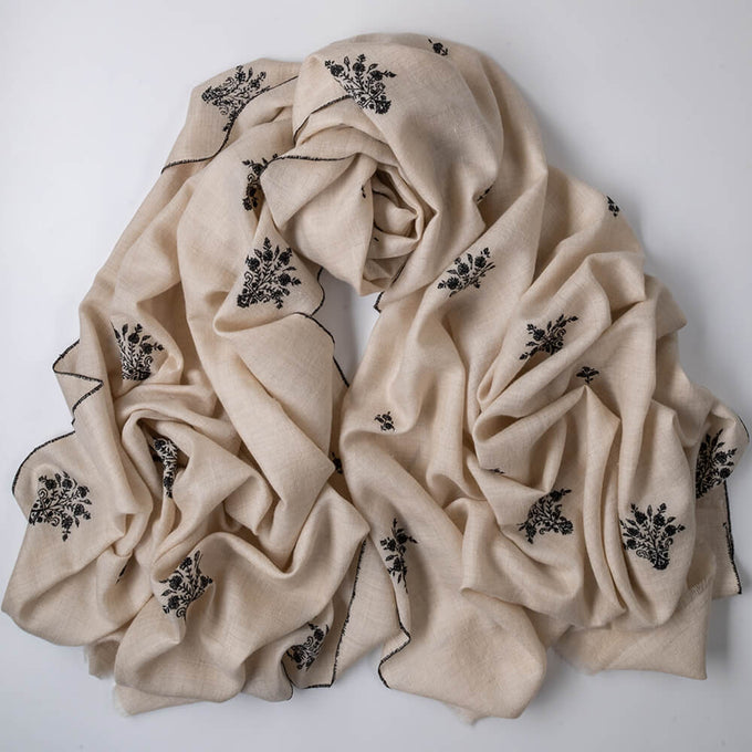 Hand Embroidered Pashmina Shawl - Natural & Black