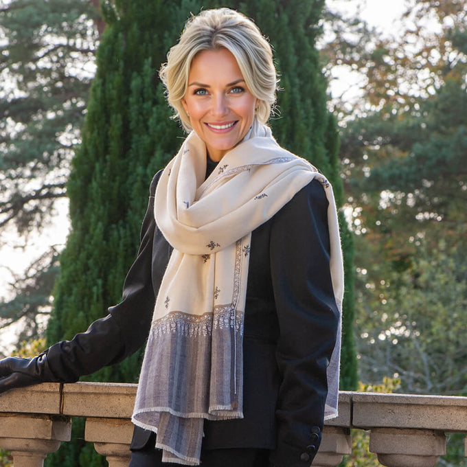 Hand Embroidered Pashmina Cashmere Shawl - Natural & Grey