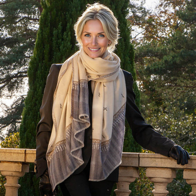 Hand Embroidered Pashmina Cashmere Shawl - Natural & Grey