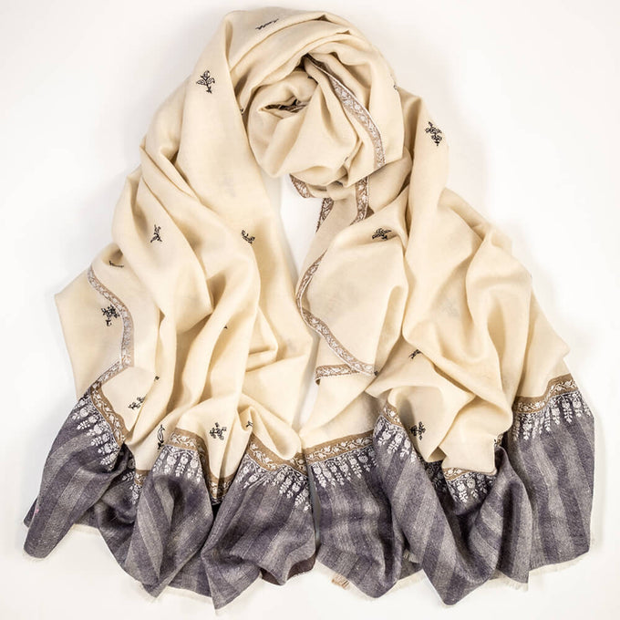 Hand Embroidered Pashmina Cashmere Shawl - Natural & Grey