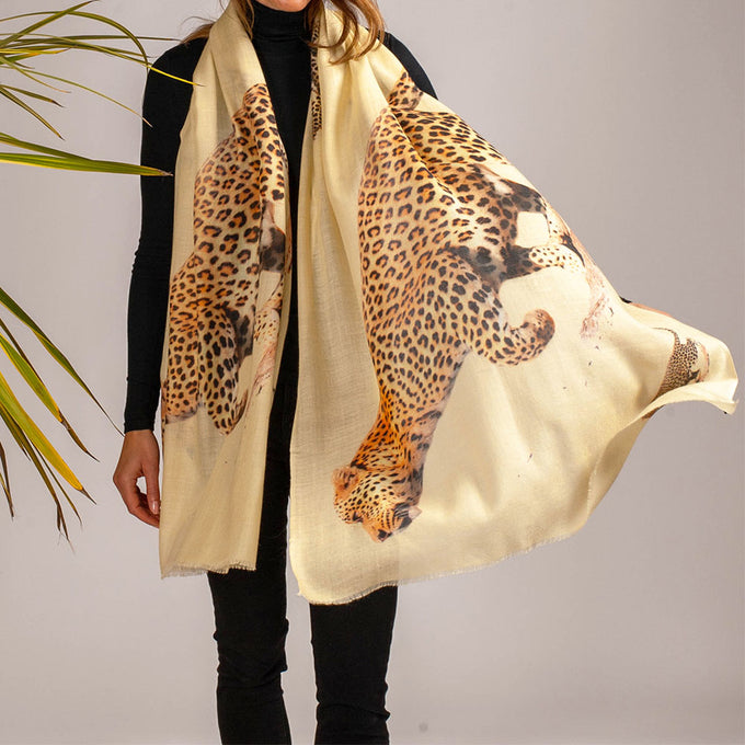 Cream Cashmere and Silk Leopard Print Scarf