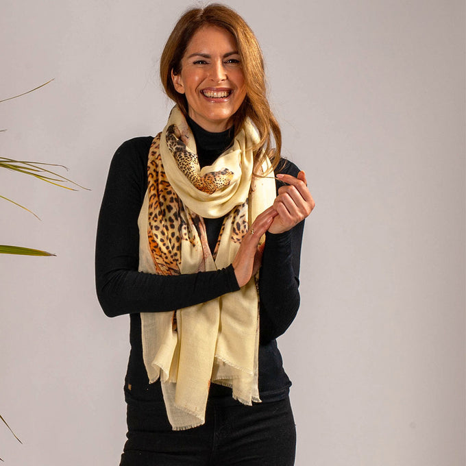 Cream Cashmere and Silk Leopard Print Scarf