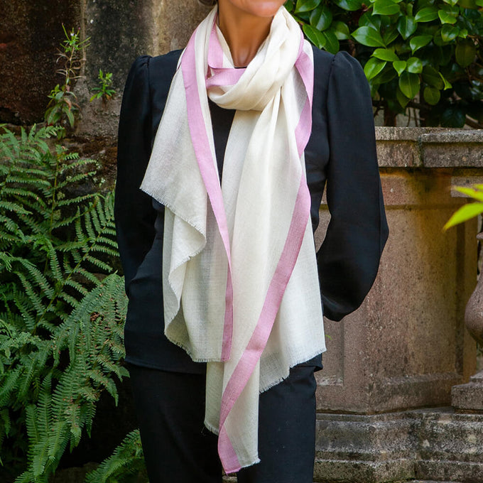Ivory Cashmere and Silk Wrap with Rose Pink Silk Border