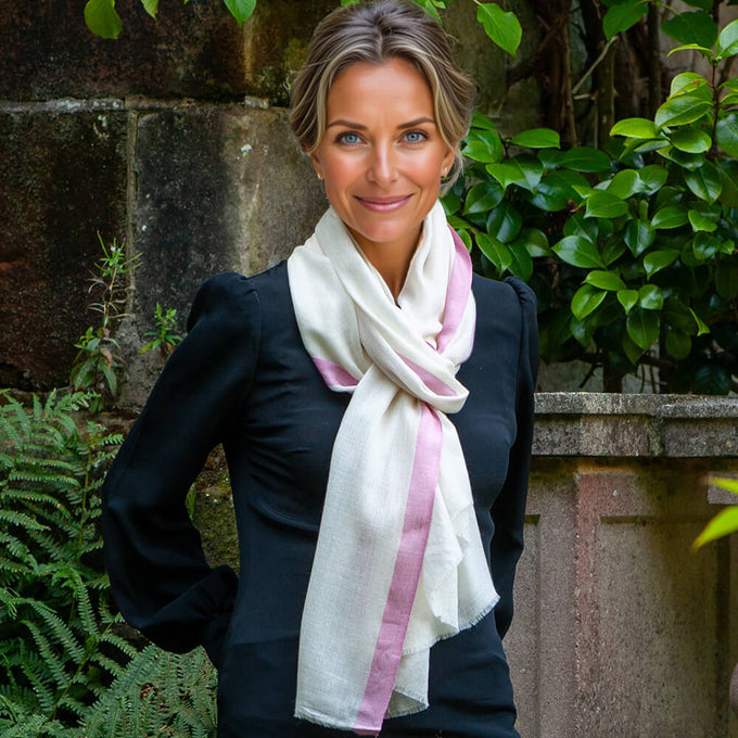 Ivory Cashmere and Silk Wrap with Rose Pink Silk Border