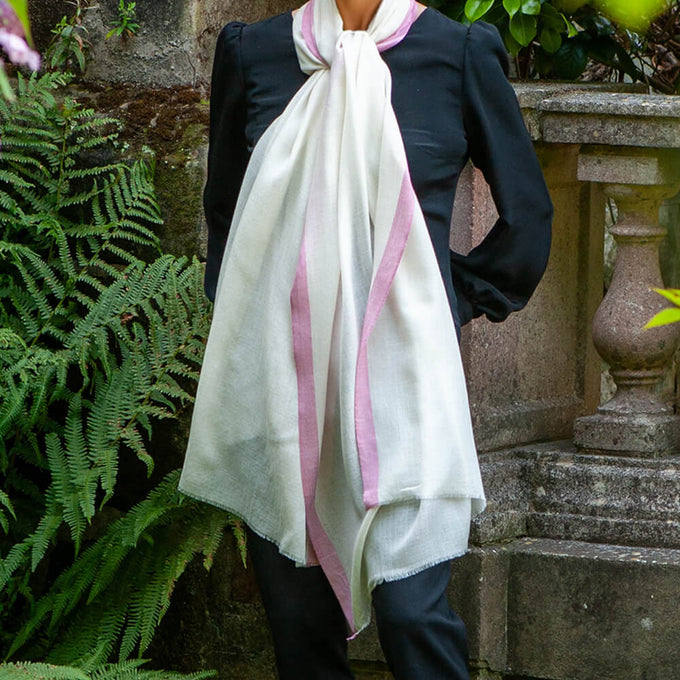 Ivory Cashmere and Silk Wrap with Rose Pink Silk Border