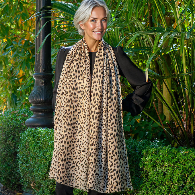 Dappled Leopard Print Cashmere and Silk Scarf