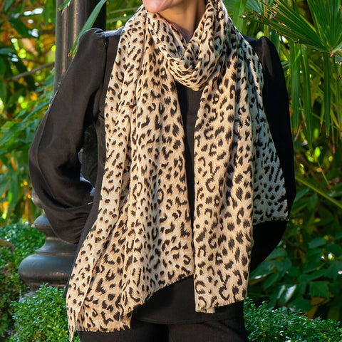 Dappled Leopard Print Cashmere and Silk Scarf
