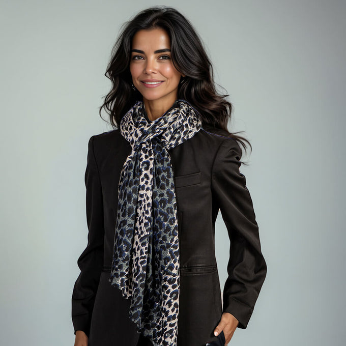 Midnight Navy Leopard Print Cashmere and Silk Scarf