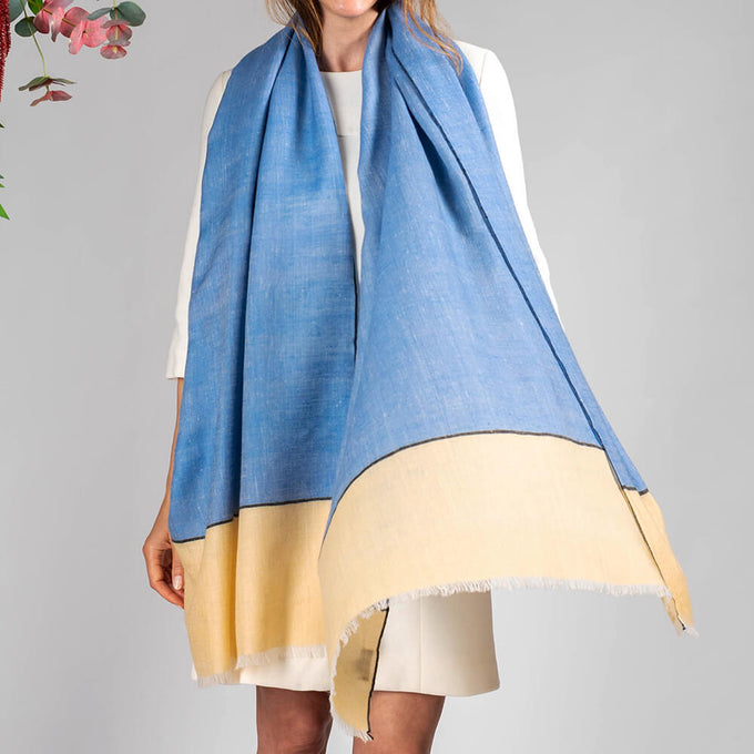 Denim Blue and Ecru Cashmere Ring Shawl