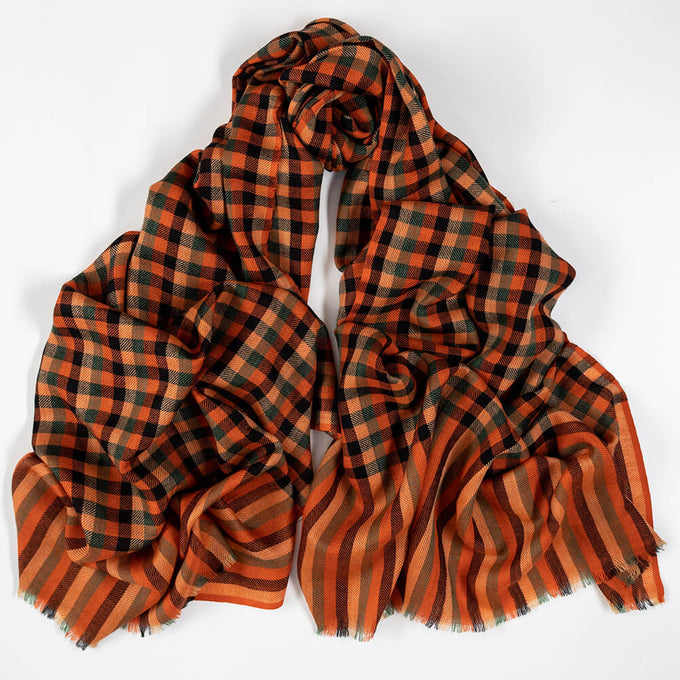 Fitzwilliam Orange and Black Check Silk and Wool Scarf