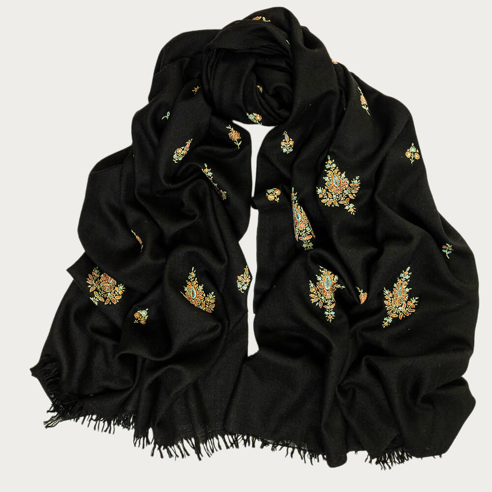 Hand Embroidered Floral Paisley Pashmina Cashmere Shawl – Black.co.uk