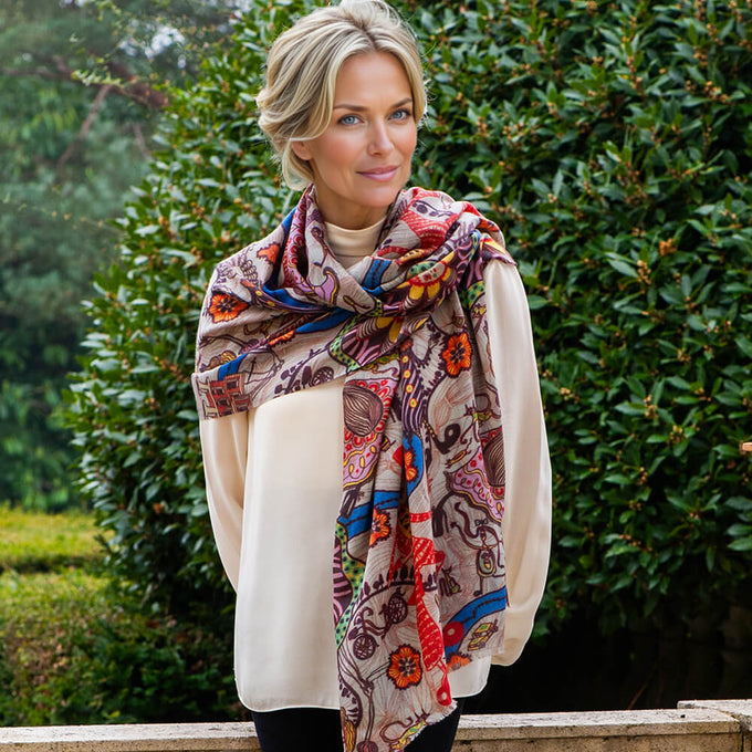 PRE ORDER: The Liberty Grayson Perry Trio - Taupe Cashmere and Silk Wrap