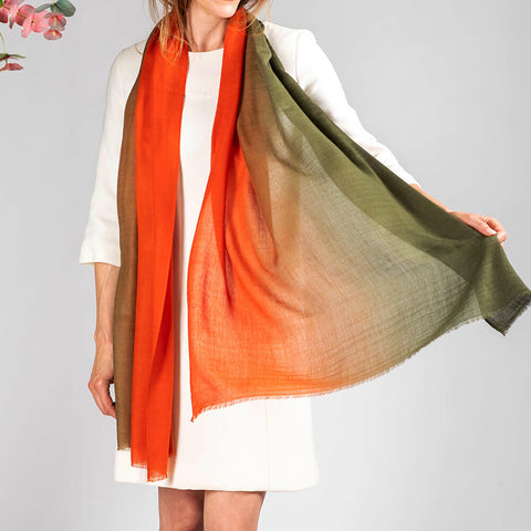 Burnt Orange to Olive Shaded Cashmere and Silk Wrap